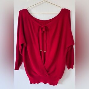 Dynamite| Vibrant Red Scoop Neck Knit Sweater with Open Back & Tie Accent Sz S